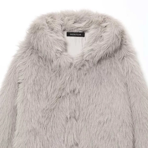 Chic light grey faux fur hooded jacket with long fluffy fibers and smooth inner lining