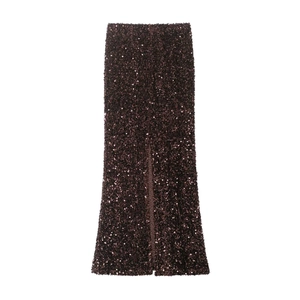 Jupe longue pailletée marron foncé taille haute avec fente frontale et coupe sirène