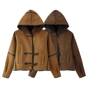 Women Winter Thickened Hooded Jacket Faux Suede Fleece Lined Coat With Horn Buttons Retro Loose Warm Outerwear