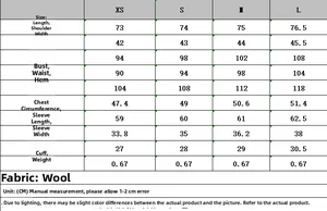 Detailed size chart for women herringbone wool blazer showing measurements in cm from XS to L