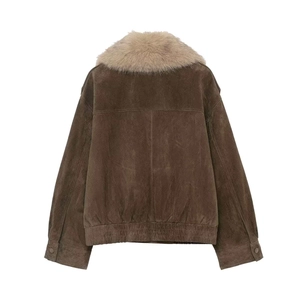 Veste en similicuir marron avec col en fausse fourrure amovible et ourlet élastique