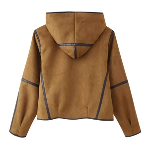 Back view of brown suede hooded jacket with dark leather piping and geometric stitching