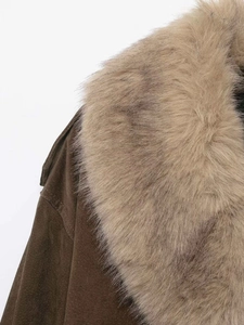 Détail du col en fausse fourrure et de la texture suédine sur une veste d'hiver