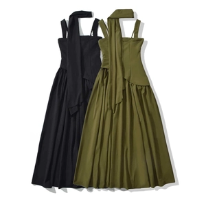 Women Sexy Halter Neck Maxi Dress Asymmetric Pleated Sleeveless Elegant Solid Color Summer Socialite Long Dress