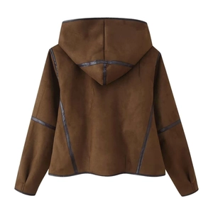 Brown faux suede hooded jacket with horn buttons and decorative stitching on the back