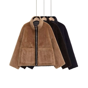 Veste en Peluche Femme Hiver Col Montant Fermeture Éclair Manteau Sherpa Fleece Avec Poches Chaud Décontracté