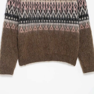Vintage jacquard knit sweater in dark coffee with Fair Isle patterns and ribbed cuffs