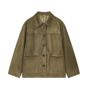 Giacca retrò in finta pelle scamosciata verde militare con colletto e tasche