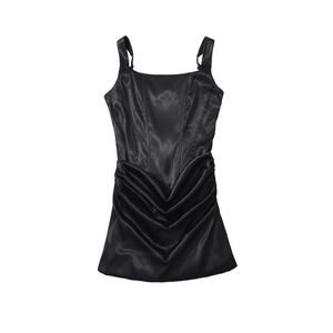 Detailed view of square neck satin corset dress with fishbone boning and elegant pleats