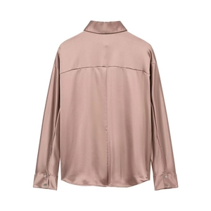 Elegant mauve satin long sleeve shirt featuring a dropped shoulder and silk texture finish