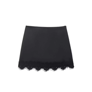 Damen Satin Minirock In Schwarz Mit Wimpernspitzensaum Seitlichem Unsichtbarem Reißverschluss Eleganter Rock Mit Hoher Taille Casual Büro