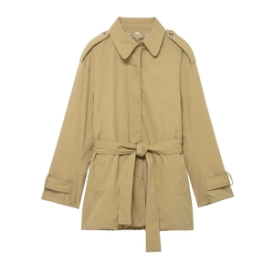 Cappotto Trench Donna Cachi Media Lunghezza Con Cintura Spalline Elegante Manica Lunga Risvolto Pendolare Tinta Unita