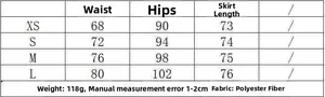 Size chart for lace trim satin skirt detailing waist, hip, and length for XS to L sizes
