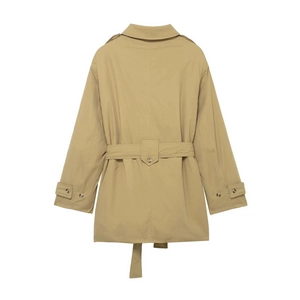 Trench classico kaki da donna di media lunghezza con cintura in vita e spalline militari