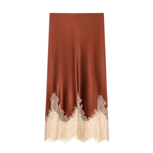 Elegant Women Satin Midi Skirt With Eyelash Lace Trim High Waist Side Zipper Solid Color Rust Red A-Line Skirt Fashion