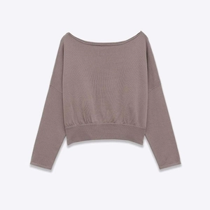 Women Casual Off-the-shoulder Long Sleeve Knitted Top Solid Color Polyester Elegant Commuter Pullover Ribbed Hem Sweater Top