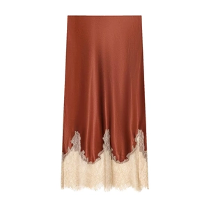 Elegant red-brown satin midi skirt with delicate cream lace trim detailing on the hemline