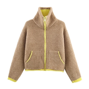 Women's faux shearling jacket with contrast fluorescent trim and stand-up collar