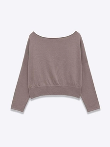Detail view of coffee off-shoulder knit top with drop shoulders and ribbed hemline