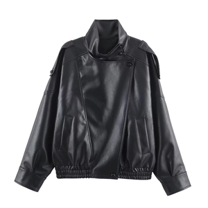 Classic black faux leather moto jacket with lychee texture and high stand-up collar