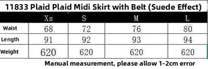 Size chart for pleated midi skirt X11833 showing waist and length measurements