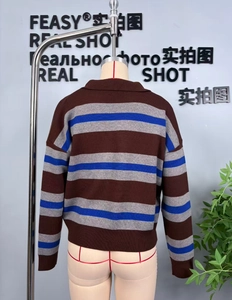 Vue arrière du pull en maille rayé marron et bleu avec col polo sur un mannequin de studio