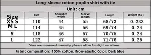 Size chart for long sleeve cotton poplin shirt with detailed measurements and material info