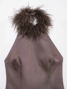 Gros plan sur une robe dos nu en satin marron avec d'élégantes plumes au niveau du col