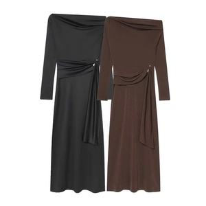 Women Elegant Off The Shoulder Long Sleeve Maxi Dress Ruched Slim Fit Evening Party Dress Solid Color Bodycon Long Dress