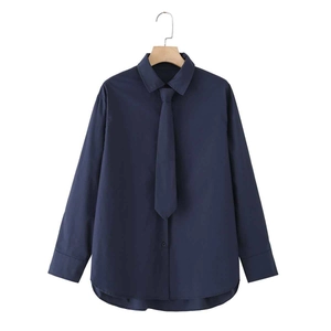 Women Casual Solid Cotton Poplin Long Sleeve Shirt With Necktie Loose Fit Commute Blouse Navy Blue Autumn Winter Tops