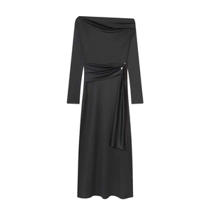 Elegant off-shoulder black long sleeve dress with waist pleats and draped side ribbons