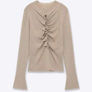 Élégant Pull en Tricot Froncé Femme Avec Boutons Décontracté Manches Longues Cloche Top Khaki Couleur Unie Col Rond