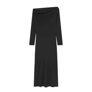 Elegant black off-shoulder midi dress with long sleeves and pleated waist design