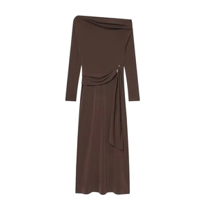 Elegant off-the-shoulder long sleeve pleated maxi dress in deep brown with gold button