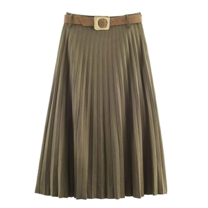 Detail of olive green pleated midi skirt with brown leather belt and gold square buckle