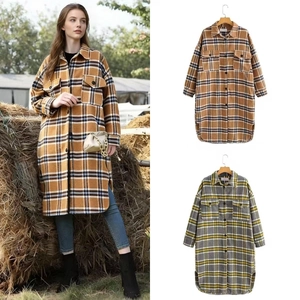Women Vintage Plaid Long Shacket Button Down Woolen Shirt Jacket Oversized Coat With Flap Pockets Casual Outwear