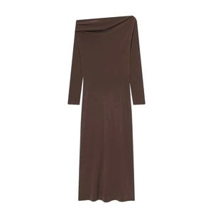 Detail of dark brown off-shoulder dress featuring elegant draped neckline and pleated waist