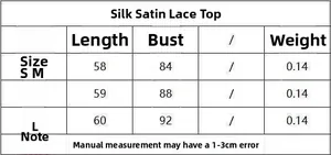 Size chart for dark brown satin lace camisole showing measurements for S M L sizes