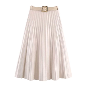 Detail of elegant pleated midi skirt in cream with a slim belt and golden buckle