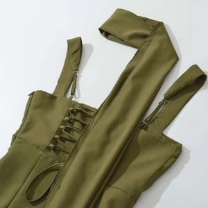 Olive green halter neck maxi dress with lace-up detail and adjustable thin straps