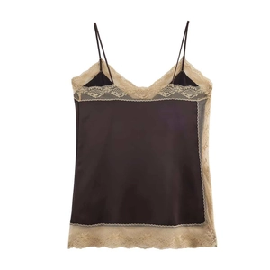 Detail of dark brown satin camisole featuring delicate floral lace trim and V-neckline