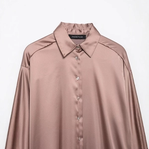 Elegant mauve satin button-down shirt for women with dropped shoulders and a silky finish