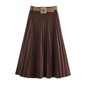 Women's pleated midi skirt in dark brown with tan belt and large golden square buckle
