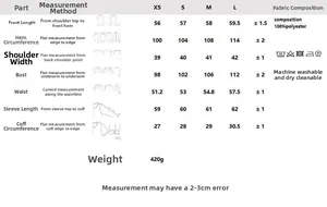 Detailed size guide table for women's retro short blazer with 100% polyester fabric specs