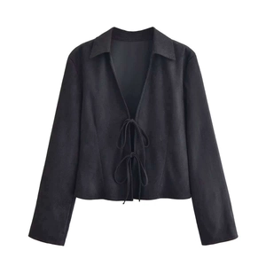 Blazer vintage in velluto nero a maniche lunghe con lacci in vita e colletto a revers