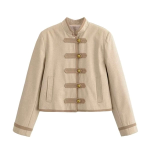 Women Vintage Stand Collar Short Blazer Jacket Retro Military Style Contrast Piping Gold Button Light Beige Autumn Outerwear
