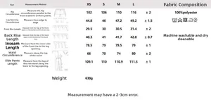 Detailed size chart for slim fit blazer pants including waist and length measurements