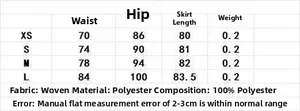 Detailed size chart for lace patchwork skirt showing waist, hip, and length measurements