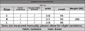 Size chart for brown V-neck knit poncho with double pockets and measurements in cm