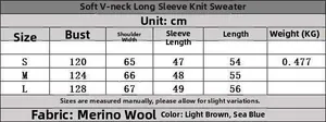 Size chart for V-neck knit sweater showing measurements for S, M, and L in centimeters